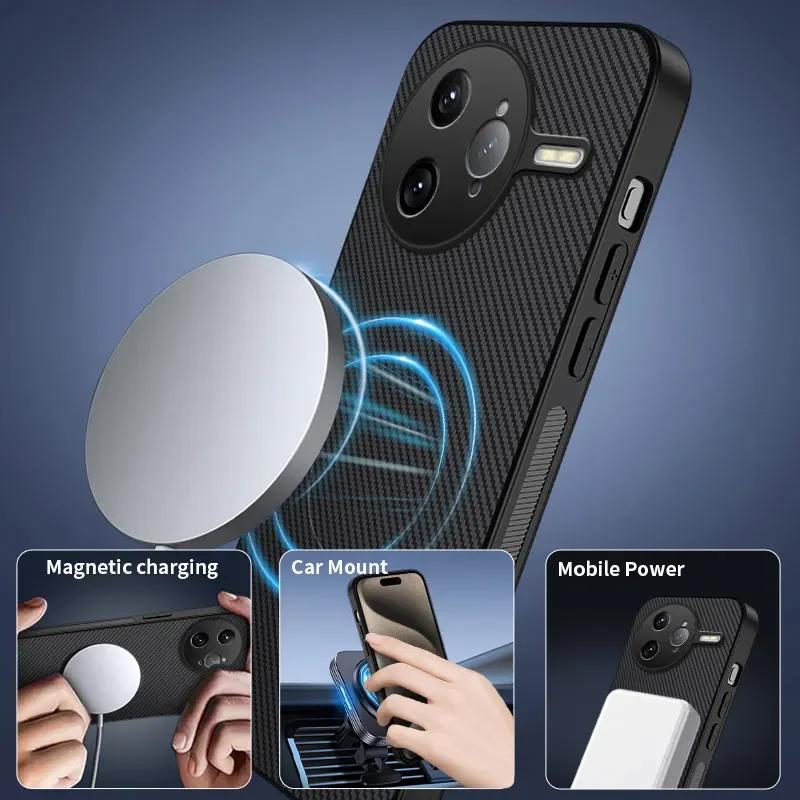 Carbon Fiber Pattern PU Leather Silicone Phone Case For Poco F7 Ultra F6 Pro Magnetic Wireless Charging Soft Back Cover Cases