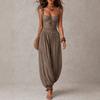 Women Lace Insert Padded Shoulder Strap High Waist Palazzo Jumpsuit Solid Color Casual Wide Leg Long Jumpsuit
