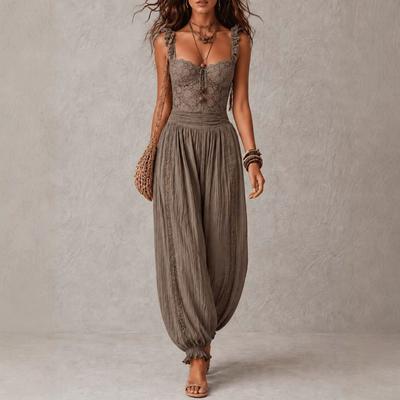 Mono Palazzo de Pierna Ancha de Color Sólido, Casual, con Inserciones de Encaje, Tirantes Acolchados, Cintura Alta, Mono Largo
