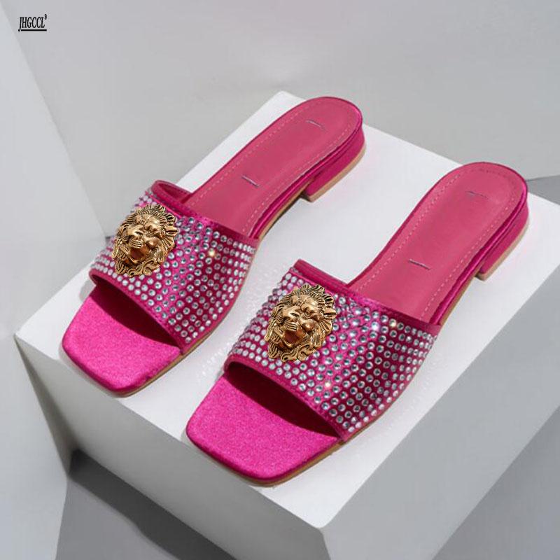 Fashion High-end Diamond Rose Red Women's Slippers Fish-mouthed Back Hollow Lion Cool Slippers Rhinestone Slippers Chain Bag Set B9