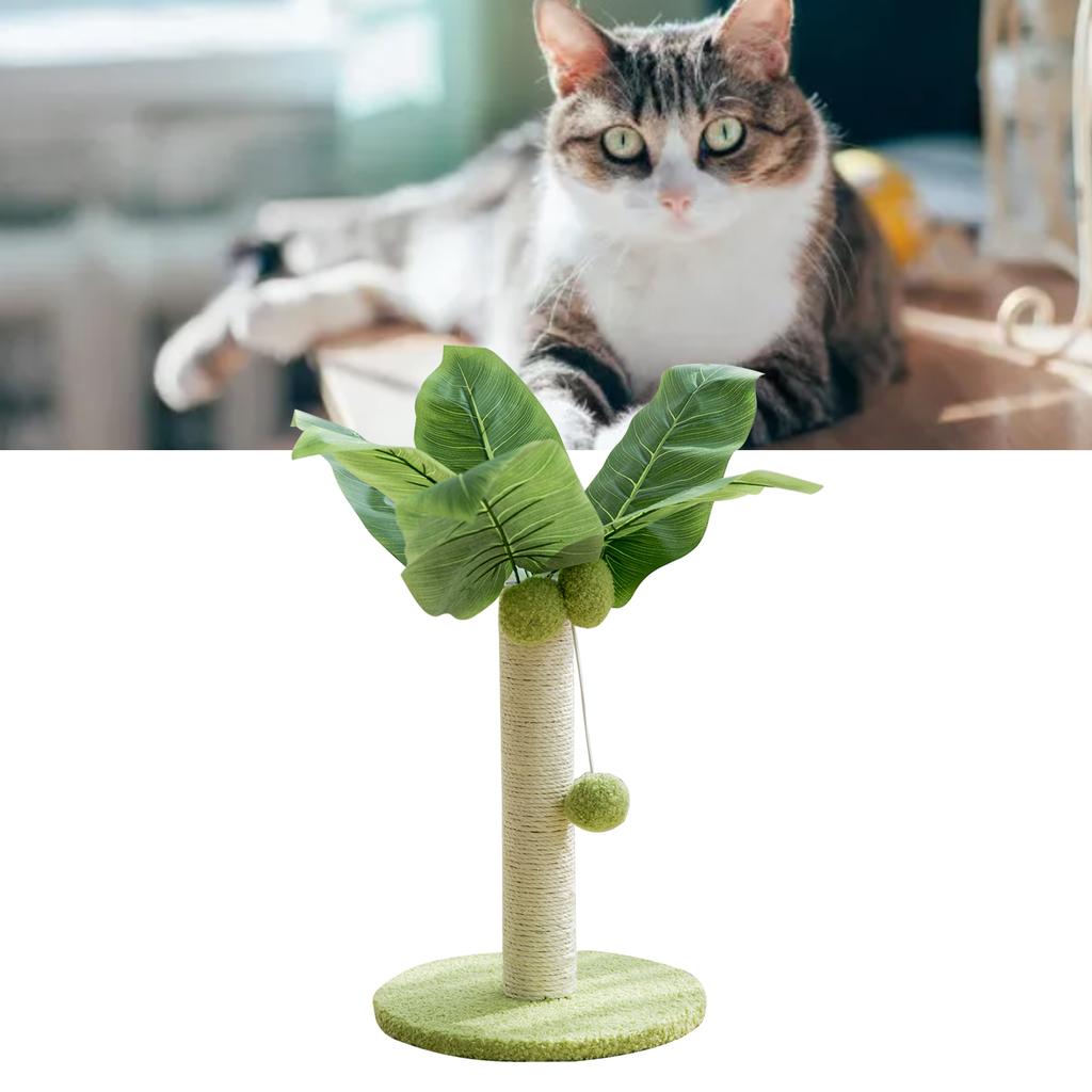 Cat Scratching Post 12.6in High 9.8in Base Hanging Balls Green Leaves Sisal Hemp Cat Scratcher for House Bedroom Indoor