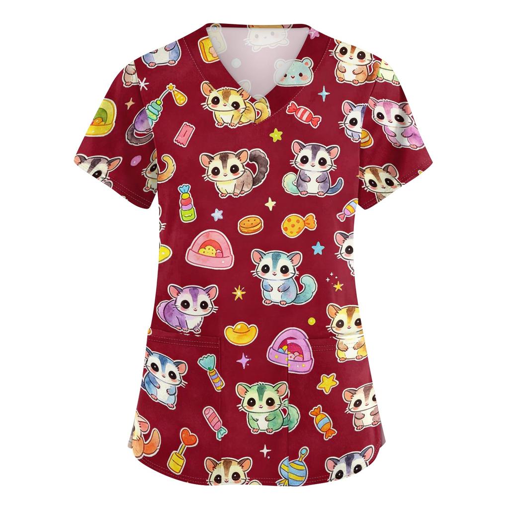 Top da Lavoro da Donna con Scollo a V e Maniche Corte con Tasche, Stampa Animalier, Camice Medico per Professionisti Sanitari, Uniforme da Infermiere
