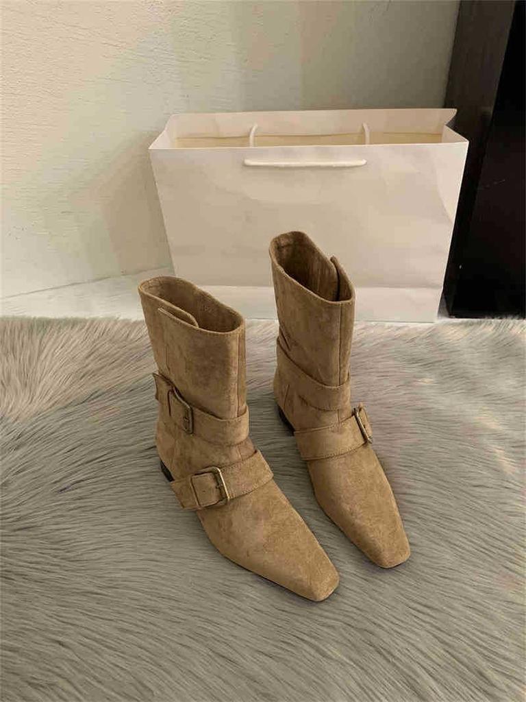 Boots New Season Retro Square Head Suede Short Boots Thick Heel Wide Boots Foldable Brown Western Boots