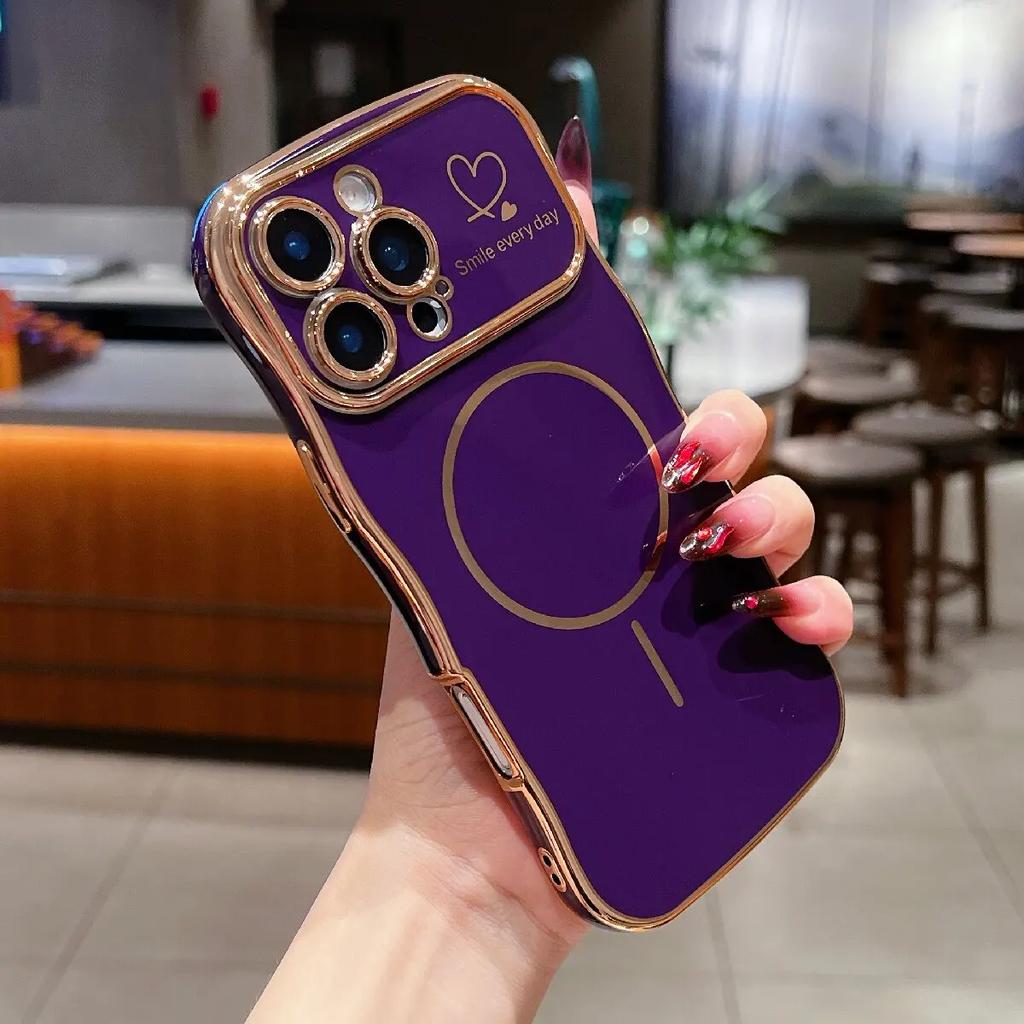 Fashion Wave Heart Shape Electroplating Magsafe Case for iPhone 16 Pro Max 16E 15 14 13 12 11 Magnetic Wirelesss Charge Cover