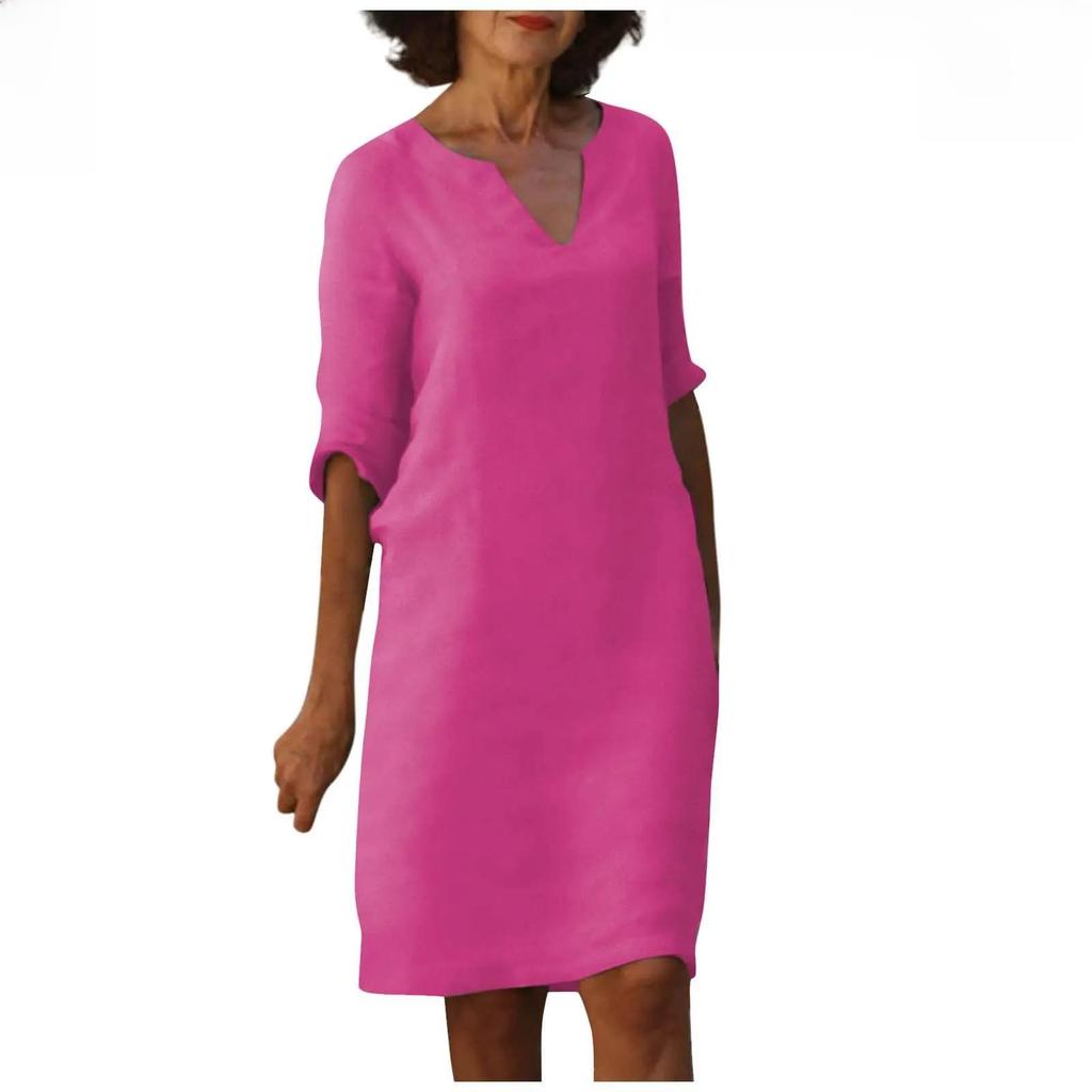 Cotton Linen V-neck Spliced Vintage Color Seven-eighths Sleeve Dress Cotton Linen Wash Creased Fabric
