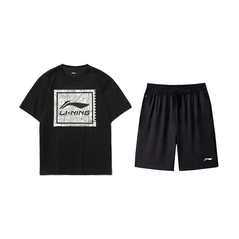 

Футболка с круглым вырезом и коротким рукавом с принтом логотипа Li Ning Удобный повседневный модный комплект Шорты Повседневный спортивный костюм Костюм унисекс AHSUA15-2+AKSV843-1