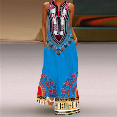 Sommer-Maxikleid, schulterfrei, ärmellos, A-Linie, Retro, farbenfroher Ethno-Stil, Druck, V-Ausschnitt, Seitentaschen, volle Länge, langes Kleid