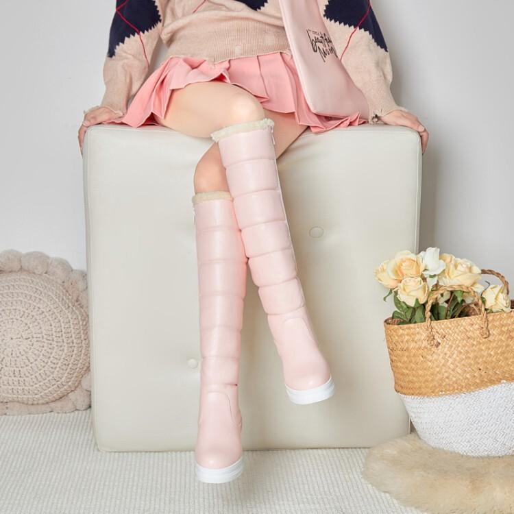 Autumn and Winter Warm Flat Boots Inner Height Increase High Tube and Knee Boots Side Zipper Snow Boots W