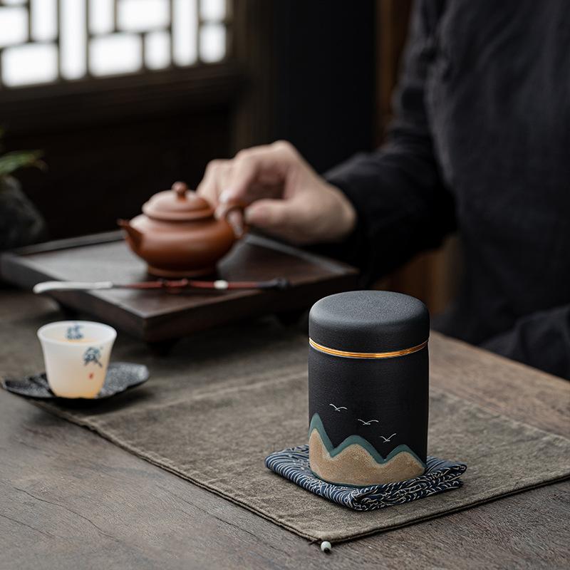 Portable Black Pottery Tea Canister Travel Set Ceramic Kungfu Tea Storage Jar Gift Container Home Office