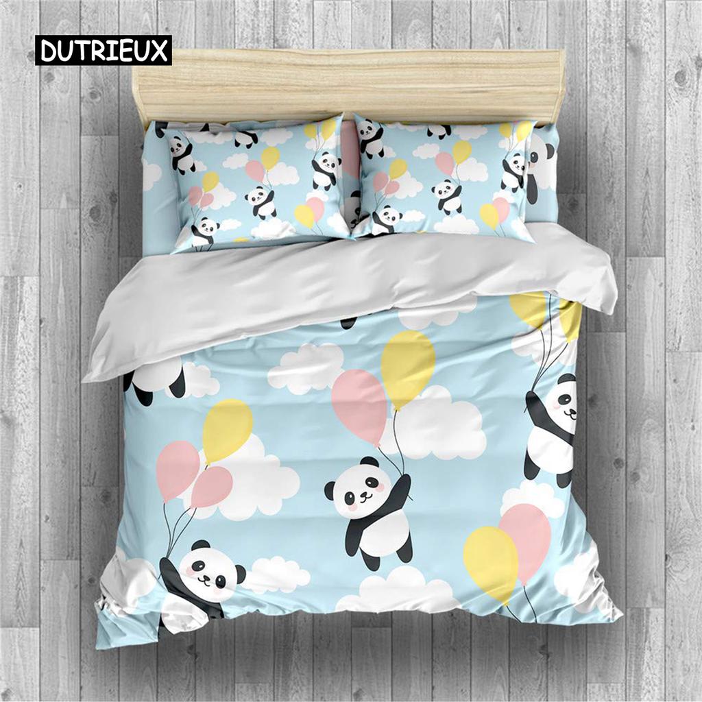 Panda König Komplettes Bettwäscheset Kinder Romantisches Bettwäscheset Cartoon Tier Bettbezug Fahrrad Ballon Libelle Polyester Bettdeckenbezug