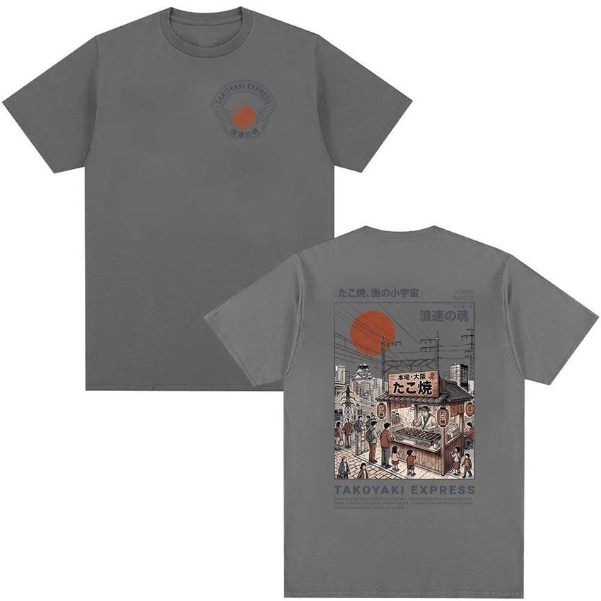 Takoyaki Express Osaka Dotonbori Logo Graphic T Shirts Retro Japanese Ukiyoe Street Print Short Sleeve Unisex Women Cotton Tshirt