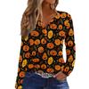 Haut T-shirt Décontracté Mode Femme Imprimé Halloween Col en V Bouton Bordure Manches Longues