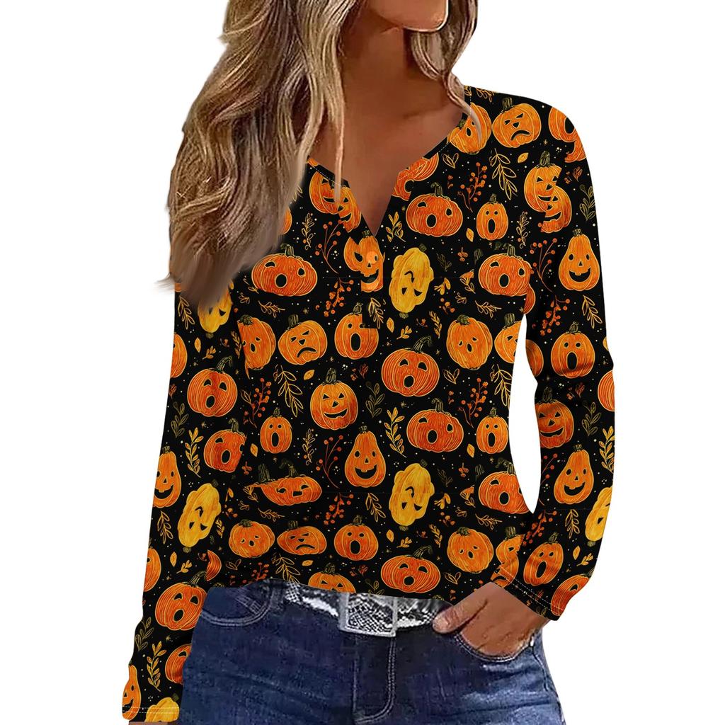 Haut T-shirt Décontracté Mode Femme Imprimé Halloween Col en V Bouton Bordure Manches Longues