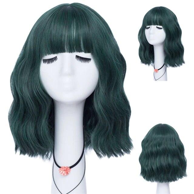 Kurze lockige blaue Bobo-Synthetik-Cosplay-Perücken für Frauen, Orange, Rot, Grün, natürliches hitzebeständiges Haar mit Pony für Mädchen