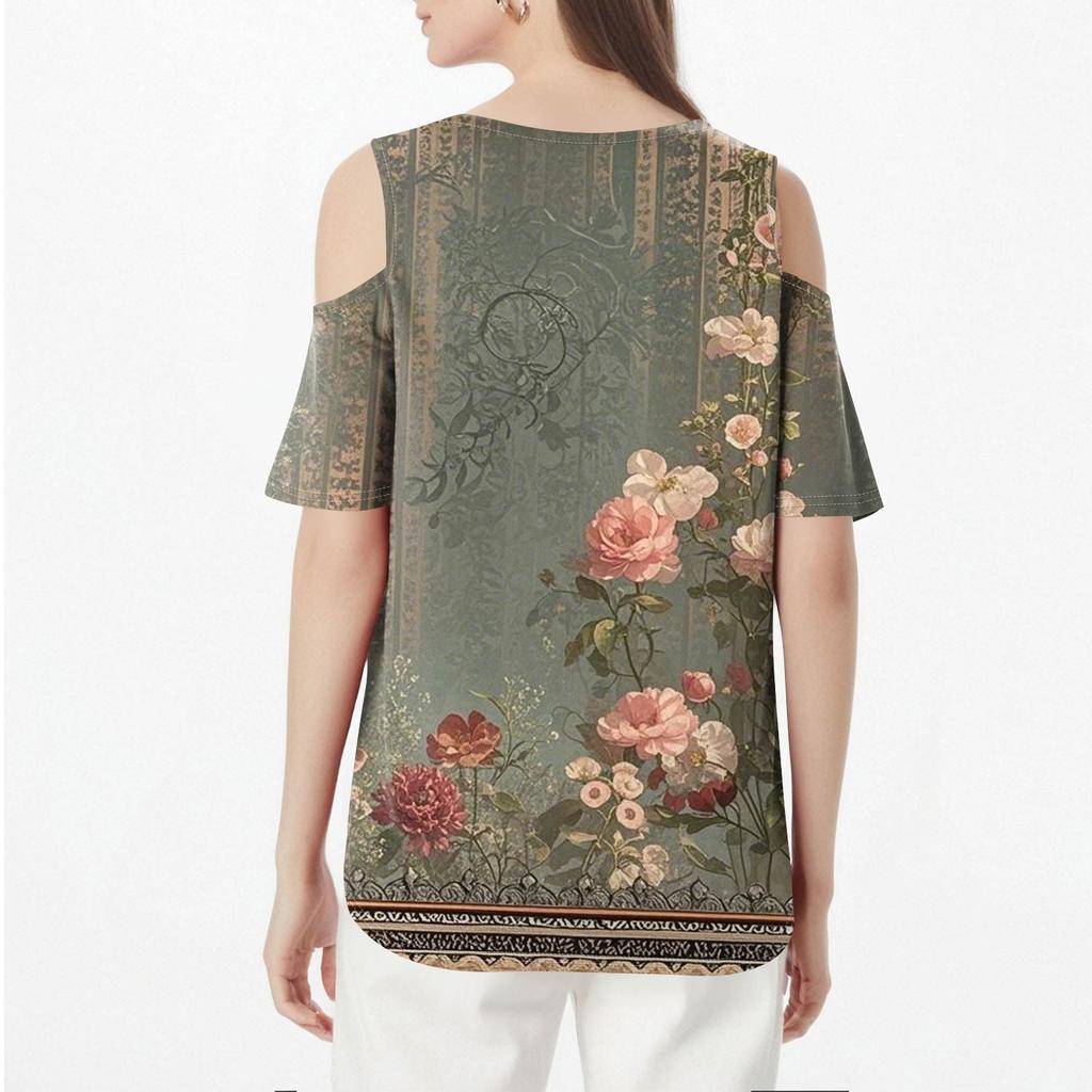 Women's Summer Fashion Casual Floral Printed Strapless V-Neck Short Sleeve T-Shirt Top