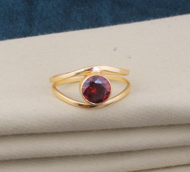 Red Garnet Double Band 22kt Gold Plated Brass Ring For Men Women, Handmade Round Gemstone Gold Ring Gifts Idea Wedding Anniversary Birthday