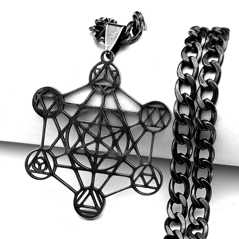 Yoga 7 Chakra Stainless Steel Pendant Necklace Gun Black Color Sacred Geometry Angel Seal Metatron Cube Symbol Chain Jewelry