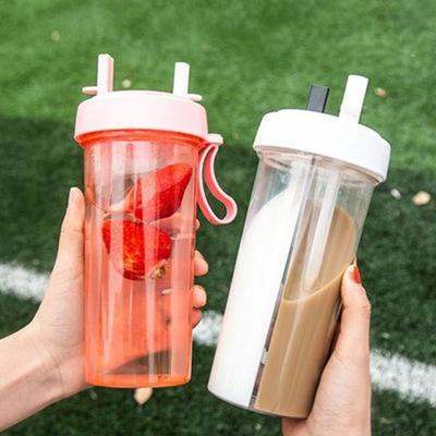 Creative Double Straw Couple Water Mug Double Drinking Cup Dual Purpose Kettle Student Lovers Bottle for Outdoor Sports