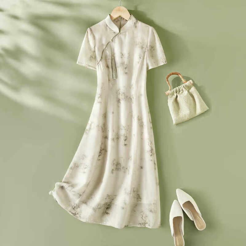 IHIMI Women s New Chinese Style V-Neck A-Line Midi Dress M