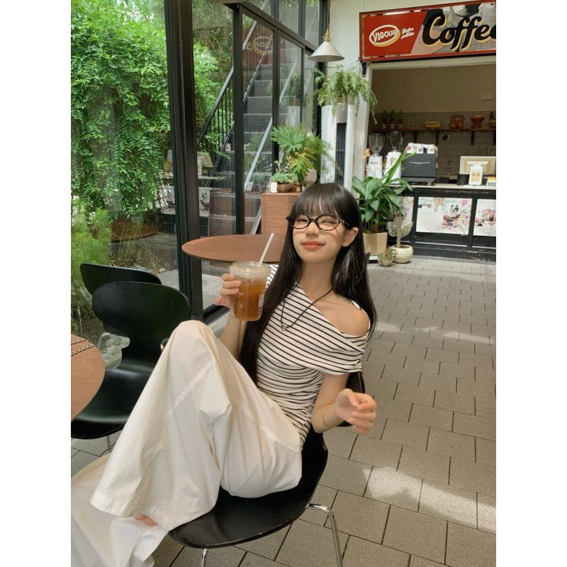 Women Striped One Shoulder Short Sleeve Slim Fit Casual T Shirt Top