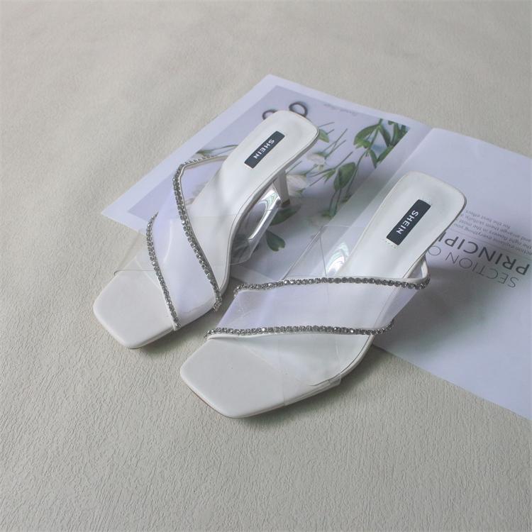 Fashion Big Size Shoes Ladies' Slippers Rubber Flip Flops Square Toe Thin Heels Heeled Mules Slipers Women Glitter Slides Hawaiian High