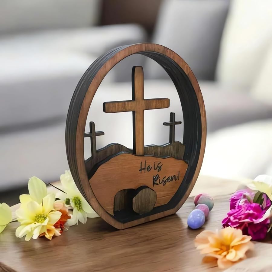Jesus Empty Tomb Easter Tray Wooden Tomb Scene Tray Cross Sign Tiered Decorations Handcrafted Religious Nativity Catholic Sign