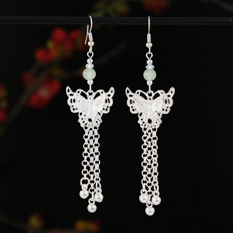 Cold Miao Silver Earrings Lotus Butterfly Long Fringed Niche Design Women's Earrings