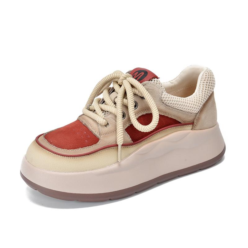 

Johnature Толстая подошва из натуральной кожи на шнуровке Повседневные туфли с круглым носком Универсальные женские туфли на плоской платформе 40 красный