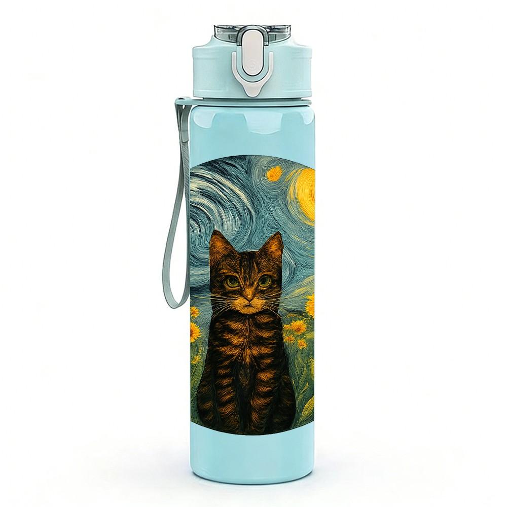 1PC Sunflower Cat Van Gogh Art 750ml Color Plastic Sports Water Bottle Leakproof Flip Straw Lid Suitable for Sports Office Home Use