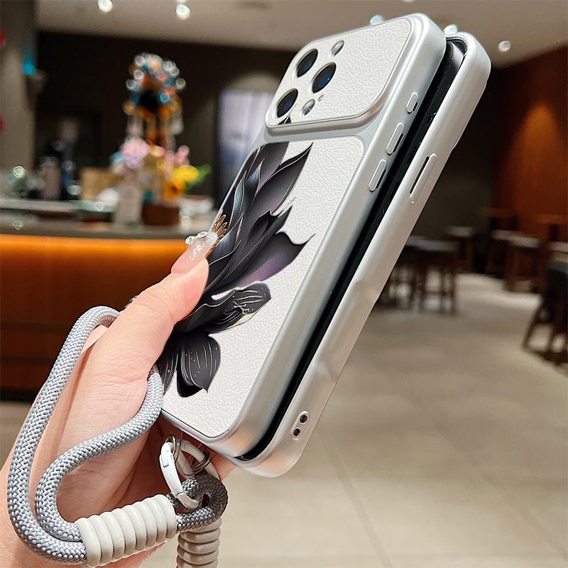 Black Lotus Floral Leather Lanyard Case For iPhone 18 Pro Max Hybrid TPU+PU Anti-skid Soft Cover For iPhone 17 16 15 14 13 Pro Max