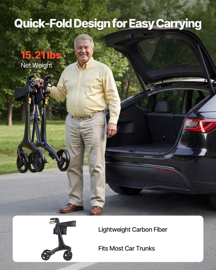 Rollator Walker with Seat for Seniors, Foldable Lightweight Rolling Walker, Carbon Fiber Mobility Walking Aid with 8" Solid PVC Wheels and Adjustable