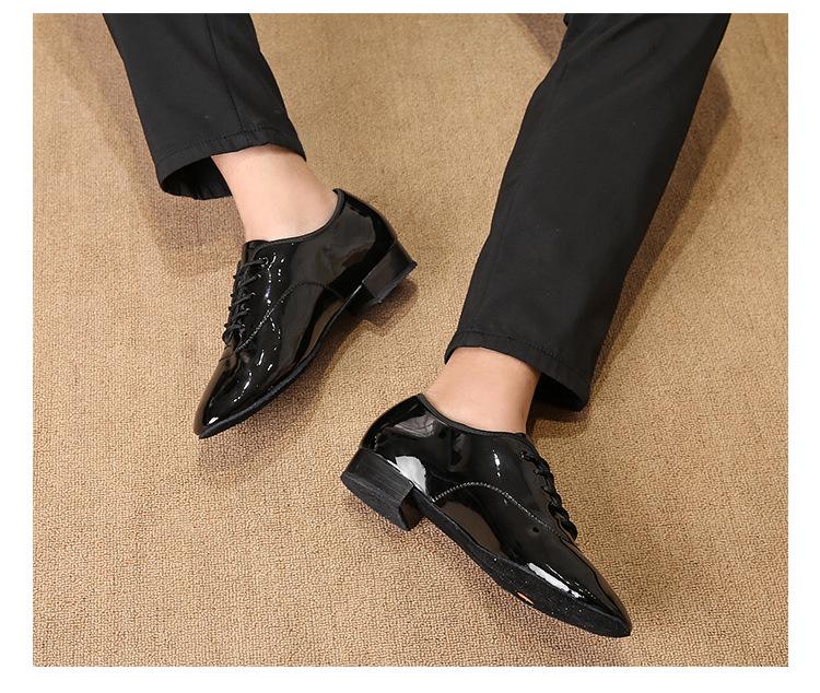 Men's Black & White Shiny Leather Low Heel Modern Dance Shoes with Soft or Fur Sole