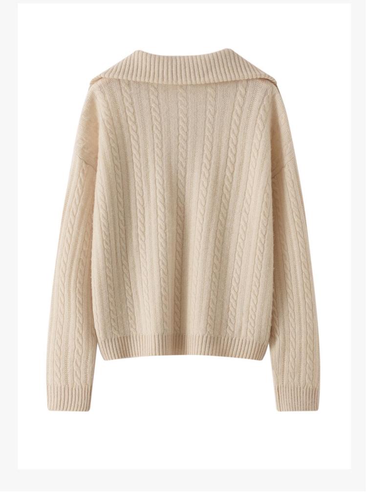 Little He Women's Half-Open Lapel Cashmere Sweater, Cable Knit, Seven-Gauge Thickened Wool, Simple Winter Wear