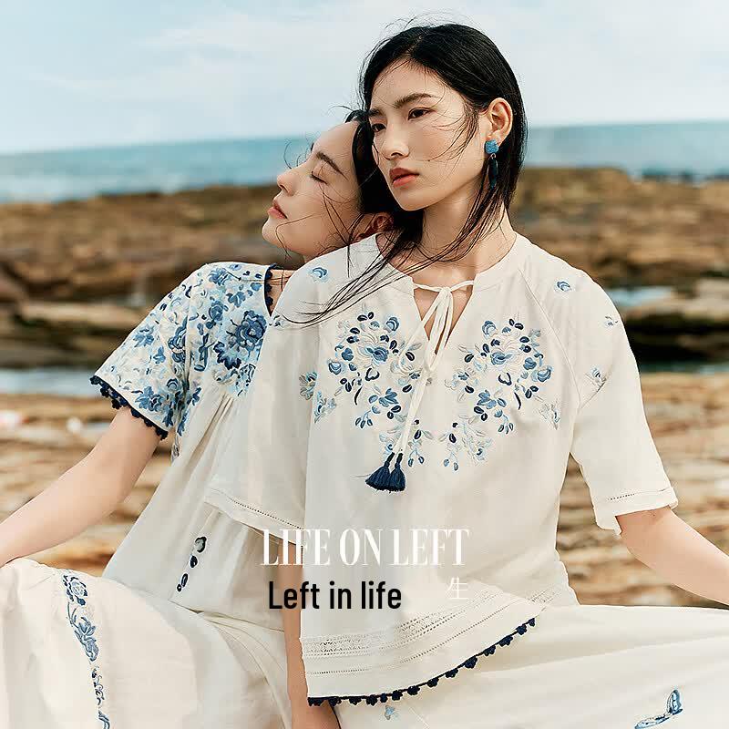 Floral Embroidered Linen Blend Blouse M