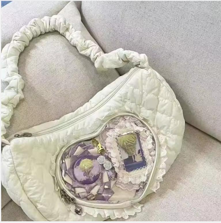 Pink Cute Womens Shoulder Bag Pleated Love Heart Lolita Jk Ita Bag Drawstring Ballet Style Sweet Fashion Female Handbag