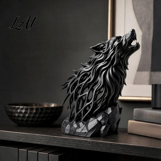 Hollow Animal Statues Howl Wolf Sculpture Gothic Wildlife Home Decor Howling Statue Figurine Dark Interior Accessories with Rock Base Rustic Accent