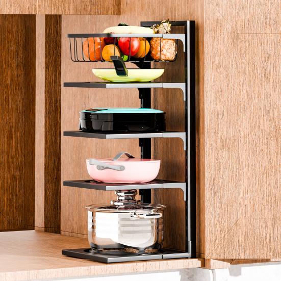 Pot Pan Organizer Rack under Cabinet, Heavy Duty Pot Pan Rack under Sink Organizers, 4/5 Tiers Height Adjustable Pan Organizer Rack, Pot Lid organizer