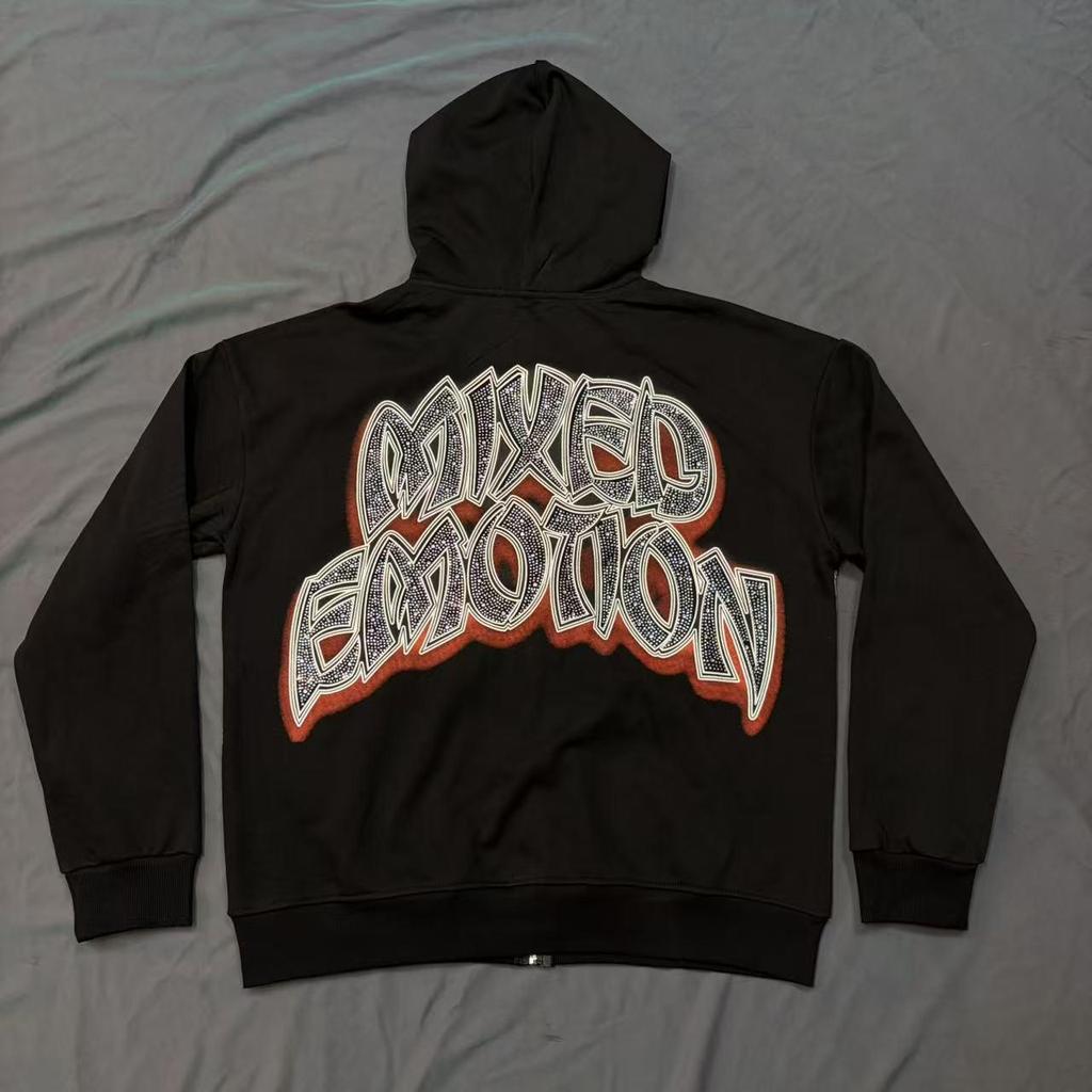 American Trendy Mixed Emotion Rhinestone Letter Hoodie for Men and Women - Retro European Style for Autumn/Winter