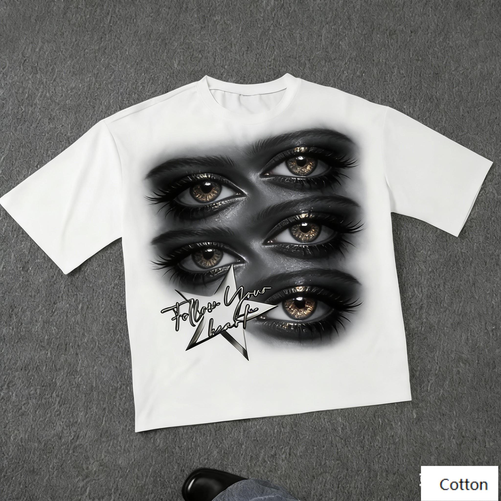 

Streetwear Unisex Cotton TShirt Featuring Bold Airbrushed Eyes Print and Follow Your Heart Star Design Hip Hop Style Top M
