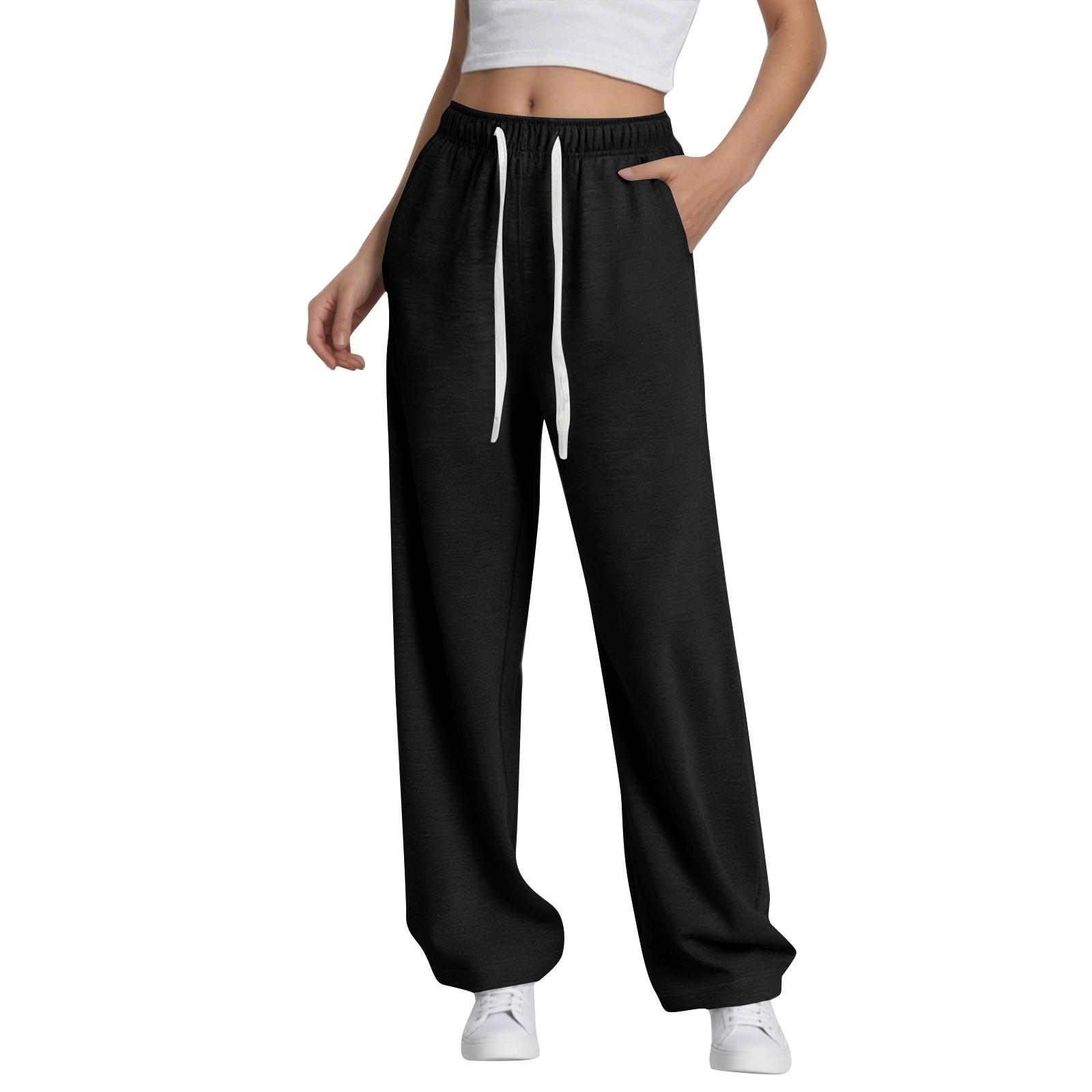 

Широкие спортивные штаны для женщин с высокой посадкой, мешковатые спортивные штаны, повседневные штаны для тренировок на кулиске с карманами L чёрный