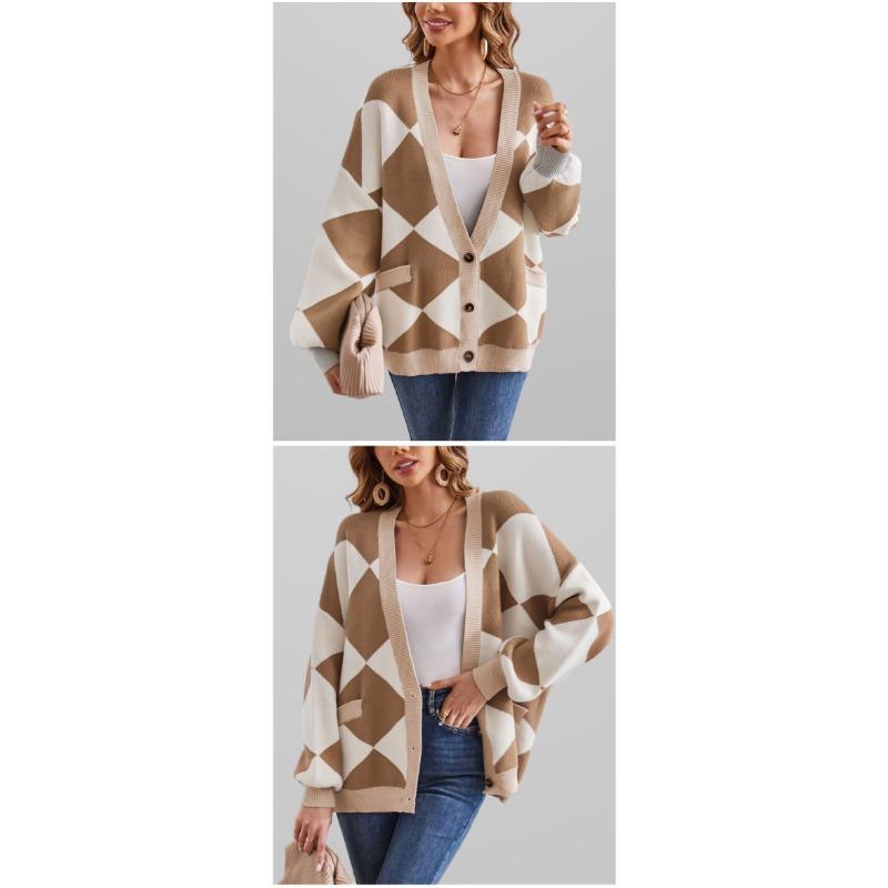 Women S V Neck Lantern Sleeve Loose Knit Cardigan Sweater Autumn Winter