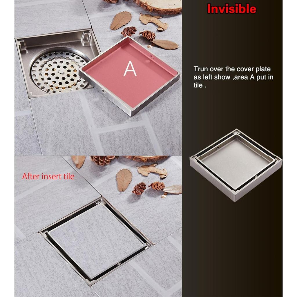 4 Inch Brass Square Shower Floor Drain with Tile Insert Grate Removable Cover Hair Catcher Strainer,Anti Clogging and Odor,Nickel