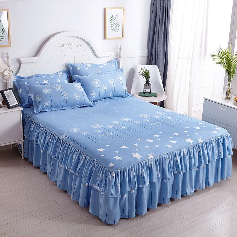 3pcs Modern Korean Floral Bed Skirt Set with Lotus Leaf Embellishments and Princess Floral Pattern, All-Season Brushed Light Beige-Friendly Bedding