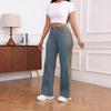 Elastic Contrast Color Washed Wide-Leg Denim Pants