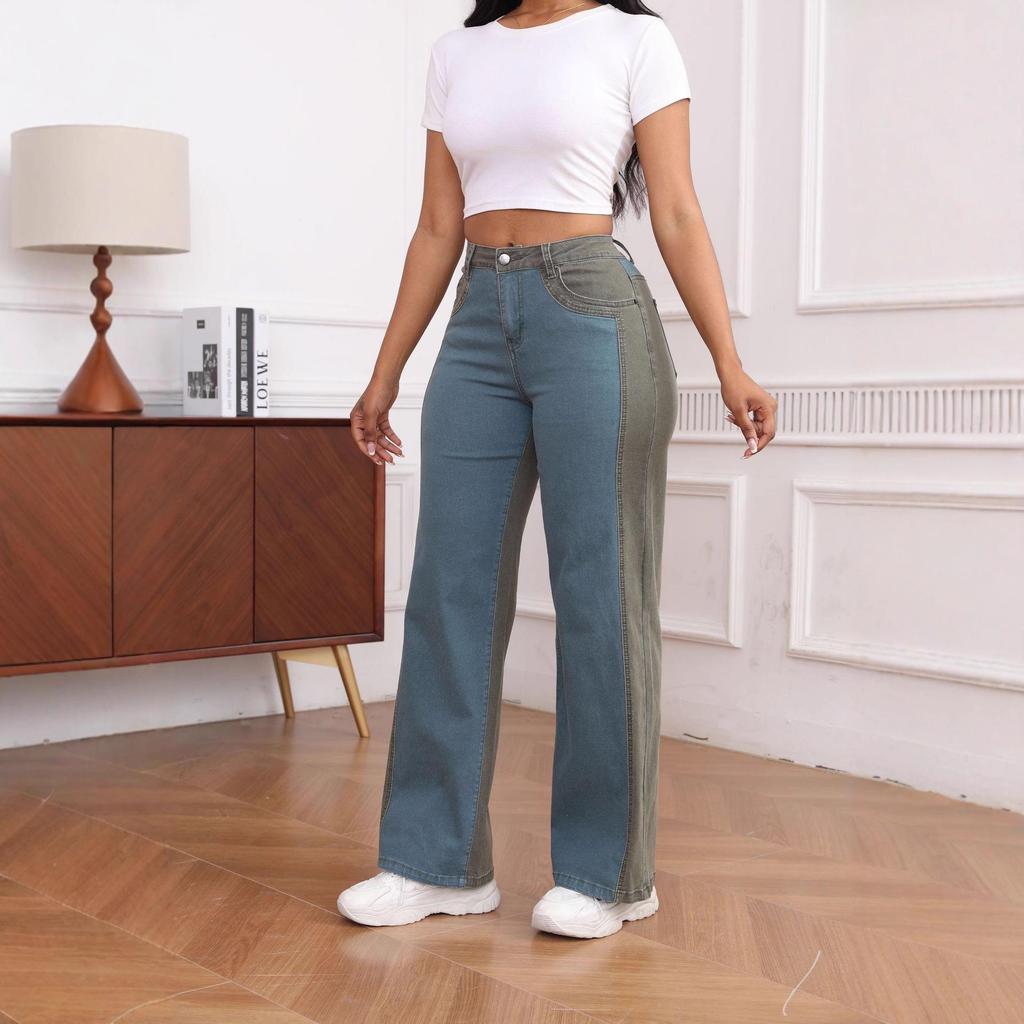 Elastic Contrast Color Washed Wide-Leg Denim Pants