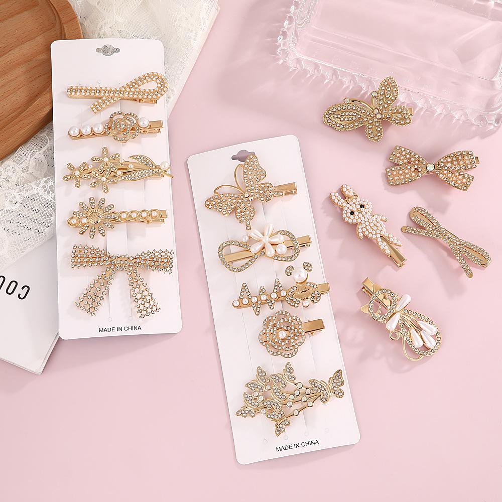 Popular Pearl Rhinestone Alloy Barrette Korean-Style Sweet Full-Rhinestone Hair Clip for Girls Stylish Elegant Side