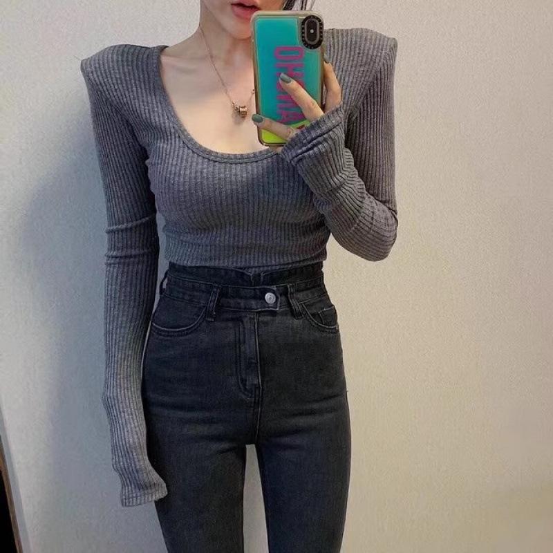 

Women s Winter U-neck Slim-fit Solid Color Long Sleeve with Padded Shoulders One Size темно-серого