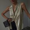2023 Summer Elegant Sleeveless Satin Women Shirt Tops Polo Neck Single Breasted Silk Blouse Fashion Casual Office Lady Top 28160