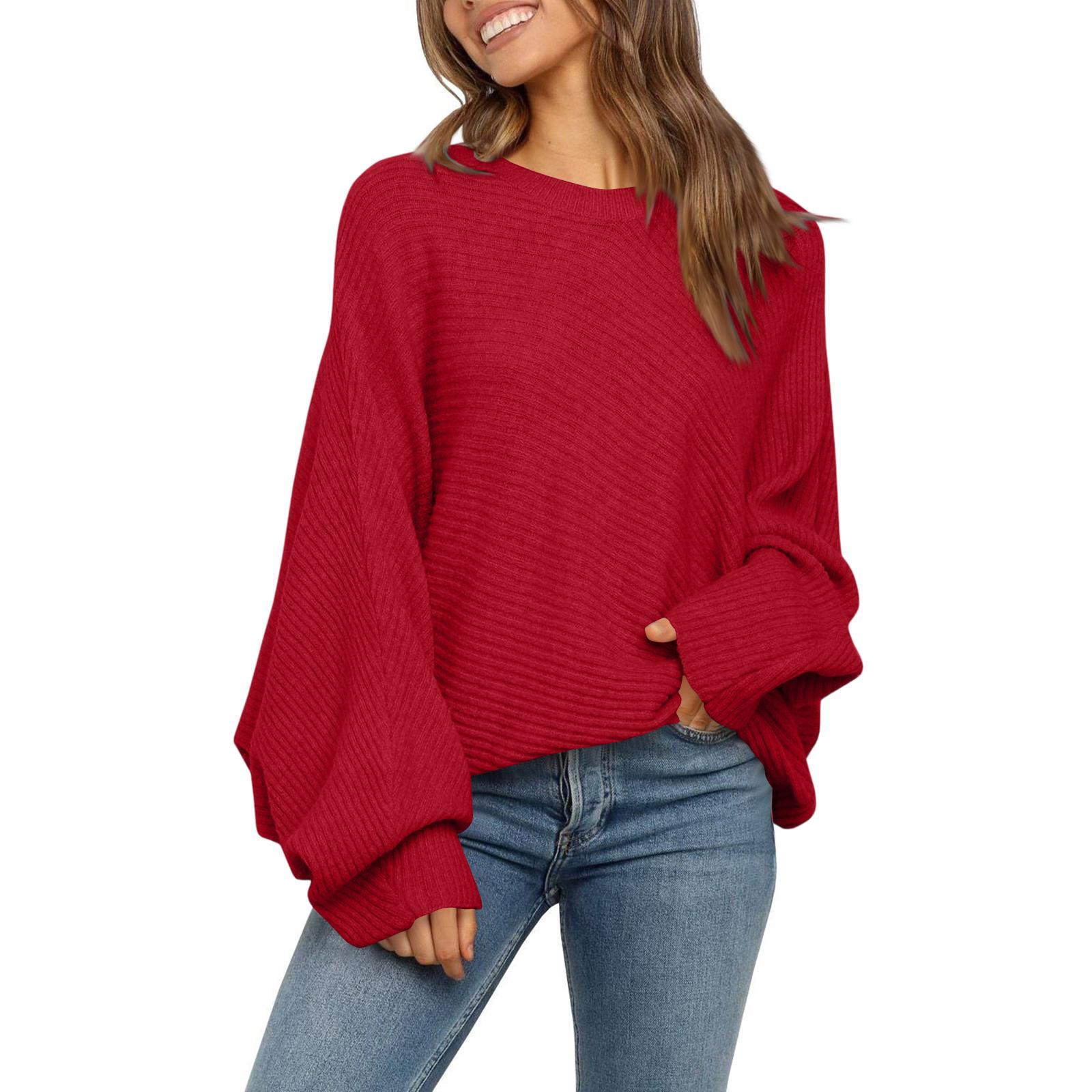 

Women s Round Neck Solid Color Loose Knitted Long-sleeved Top L красный