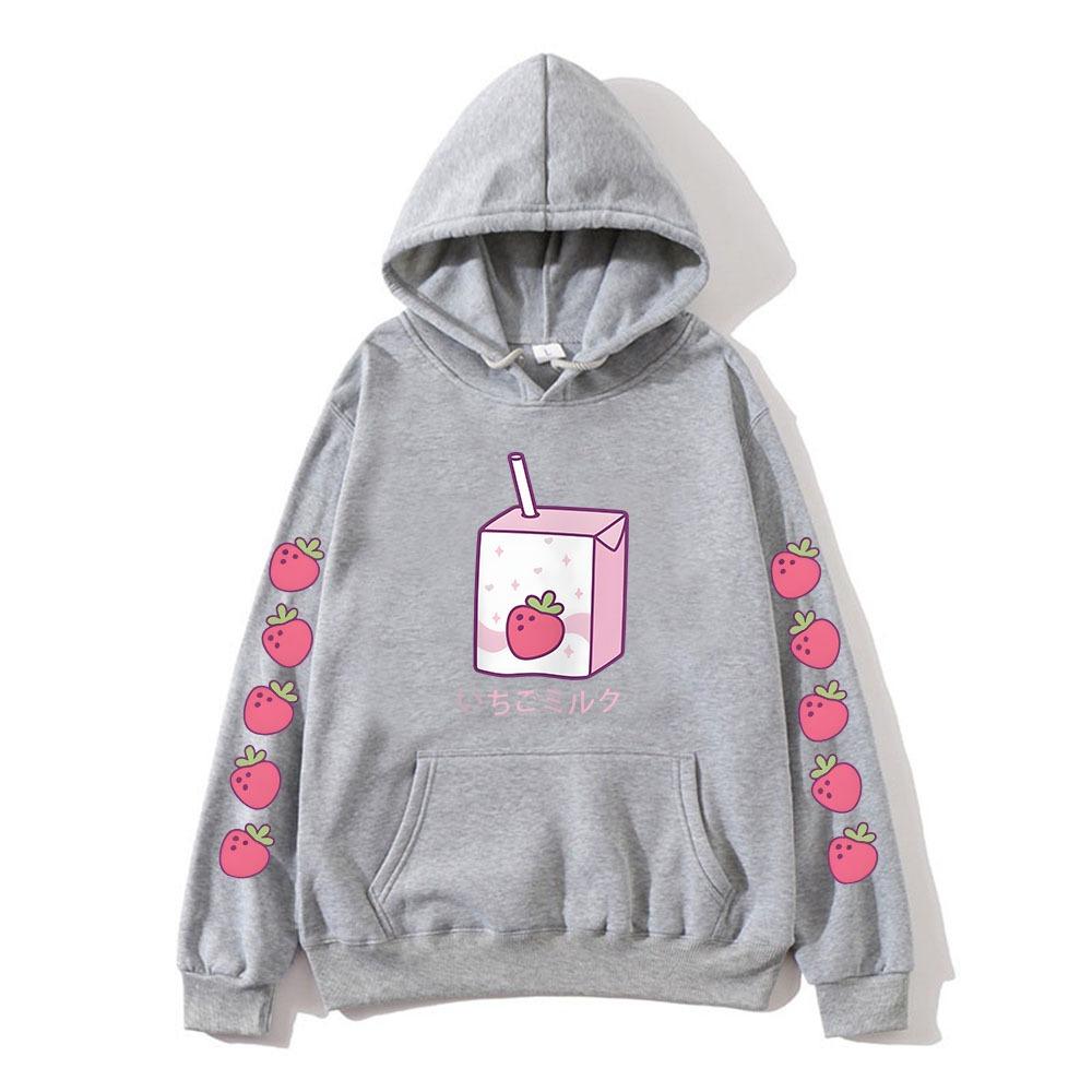 Strawberry Milk Cartoon Printing Hoodies Long Sleeve Hooded Sweatshirts Kawaii Clothing for Girls Moletom Feminino Winter Women